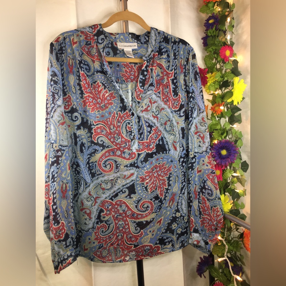 Sag Harbor | Women’s Blue/Red Paisley Print Sheer Blouse Top